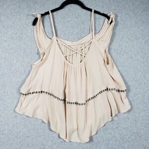 Winwin Apparel Beige Criss Cross Back Tank Top Large Gauzy Eyelet Ruffle Boho